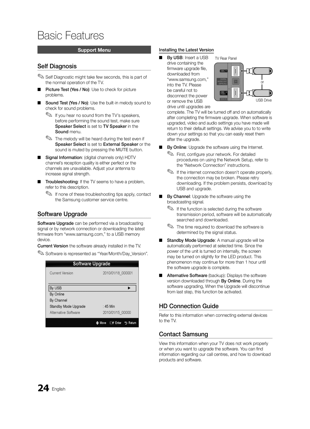 Samsung UE40C6500UPXZT, UE46C6500UPXZT manual Self Diagnosis, Software Upgrade, HD Connection Guide, Contact Samsung 