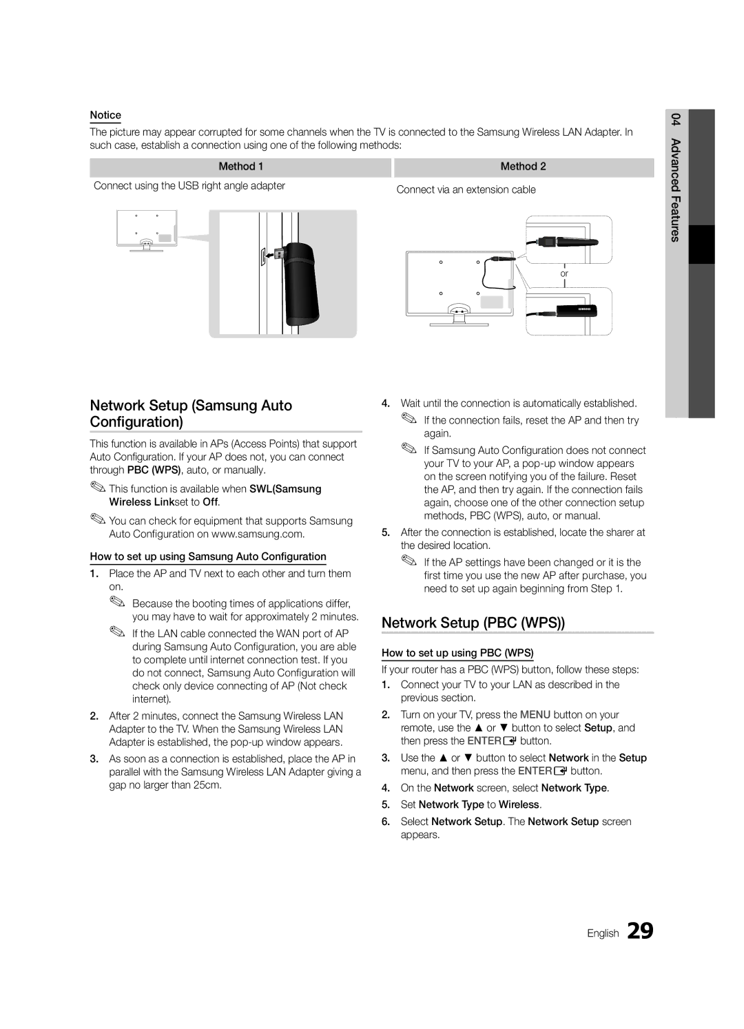 Samsung UE37C6500UPXZT manual Network Setup Samsung Auto Configuration, Network Setup PBC WPS, Again, Desired location 