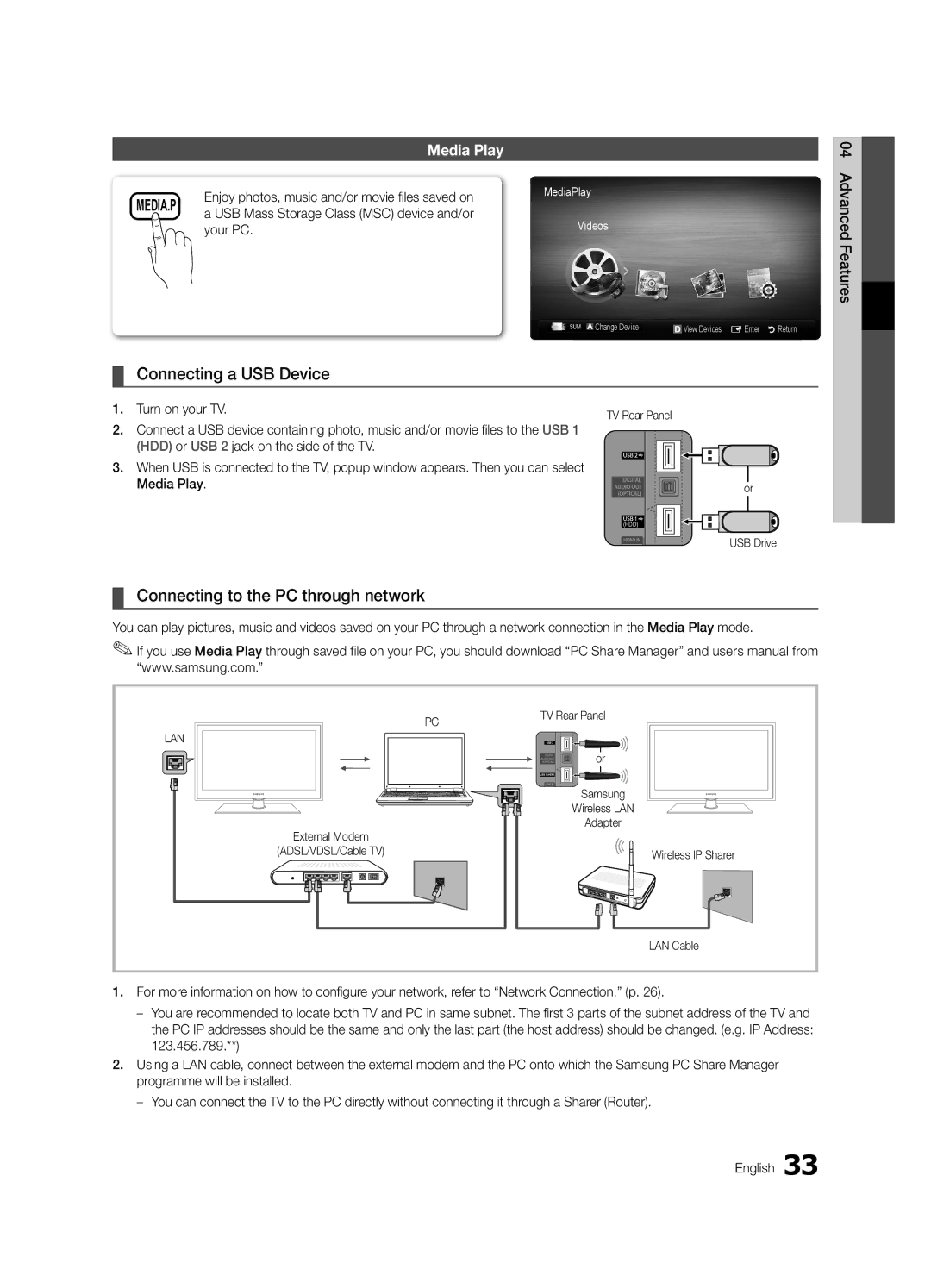 Samsung UE40C6510UPXZT, UE46C6500UPXZT Connecting a USB Device, Connecting to the PC through network, Media Play, Your PC 