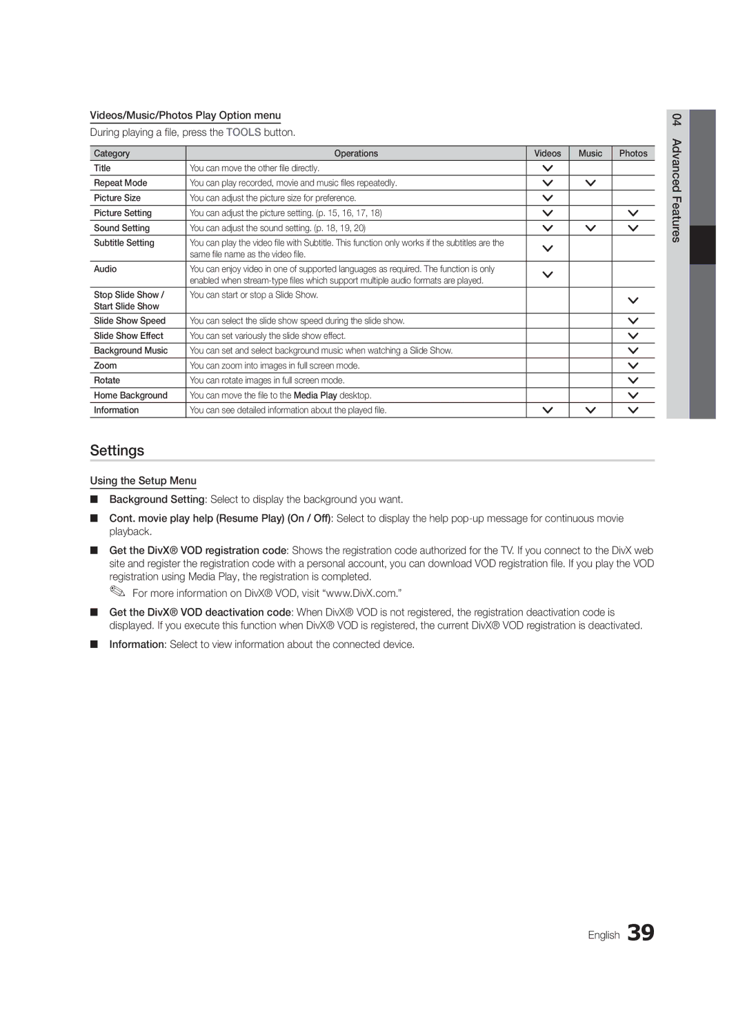 Samsung UE32C6500UPXZT, UE46C6500UPXZT manual Settings, Videos/Music/Photos Play Option menu, Press the Tools button 