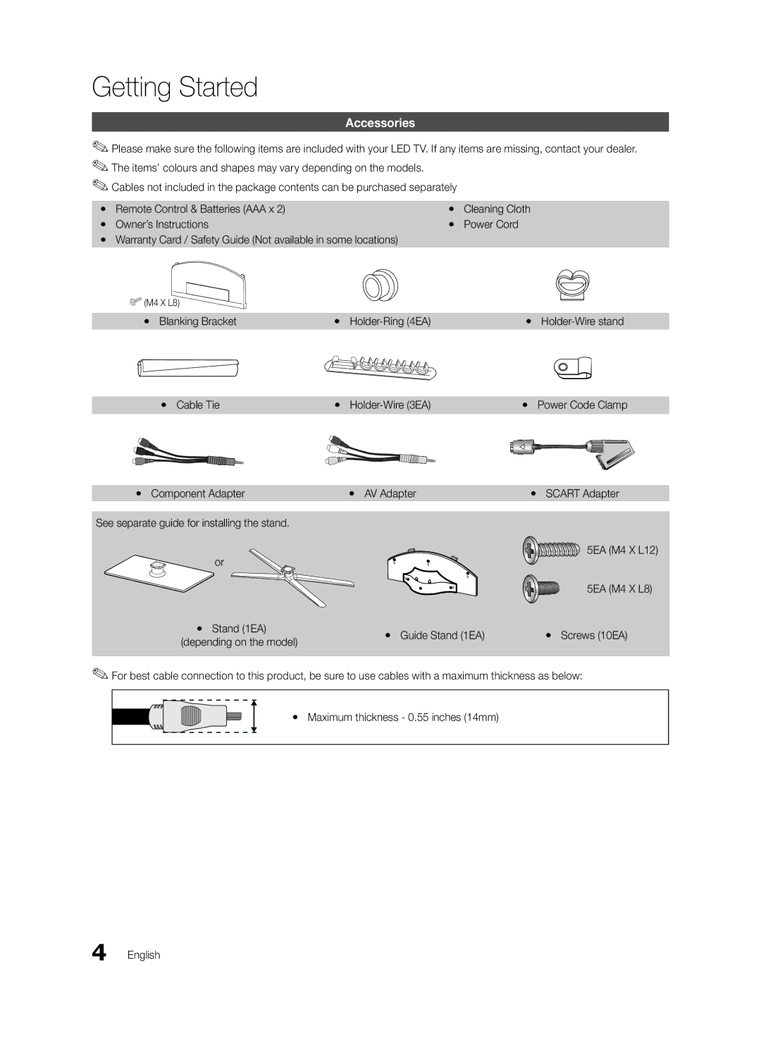 Samsung UE32C6500UPXZT, UE46C6500UPXZT Getting Started, Accessories, Yy Blanking Bracket Yy Cable Tie Yy Component Adapter 