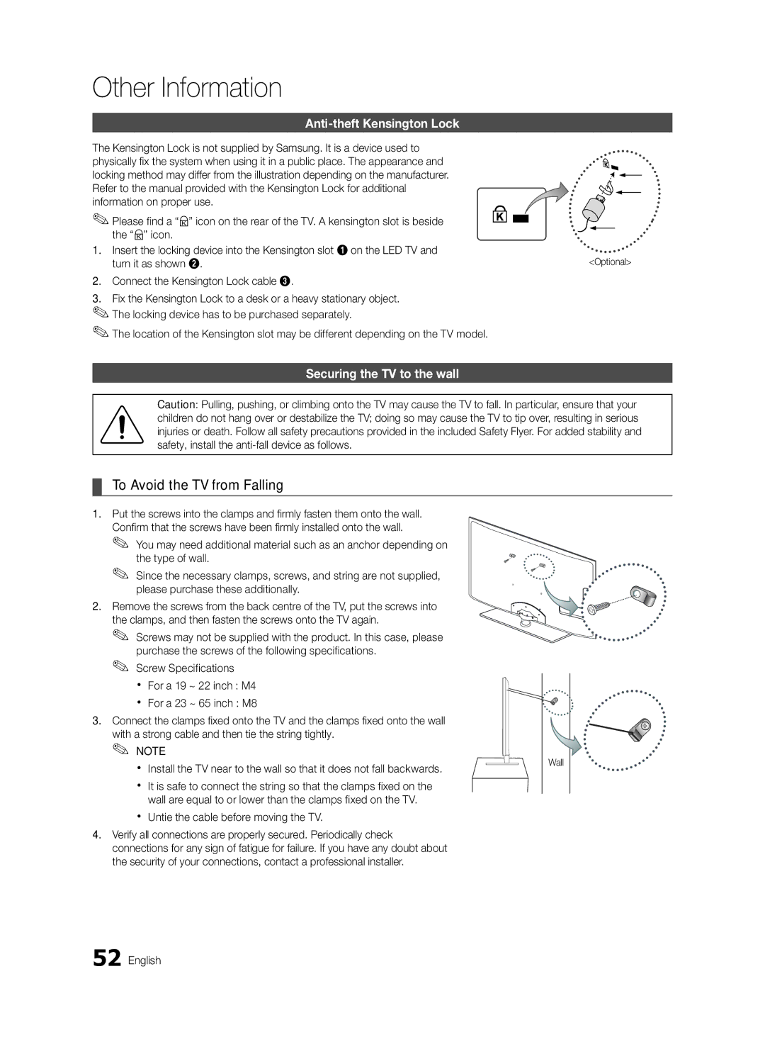 Samsung UE40C6500UPXZT To Avoid the TV from Falling, Anti-theft Kensington Lock, Securing the TV to the wall, Optional 