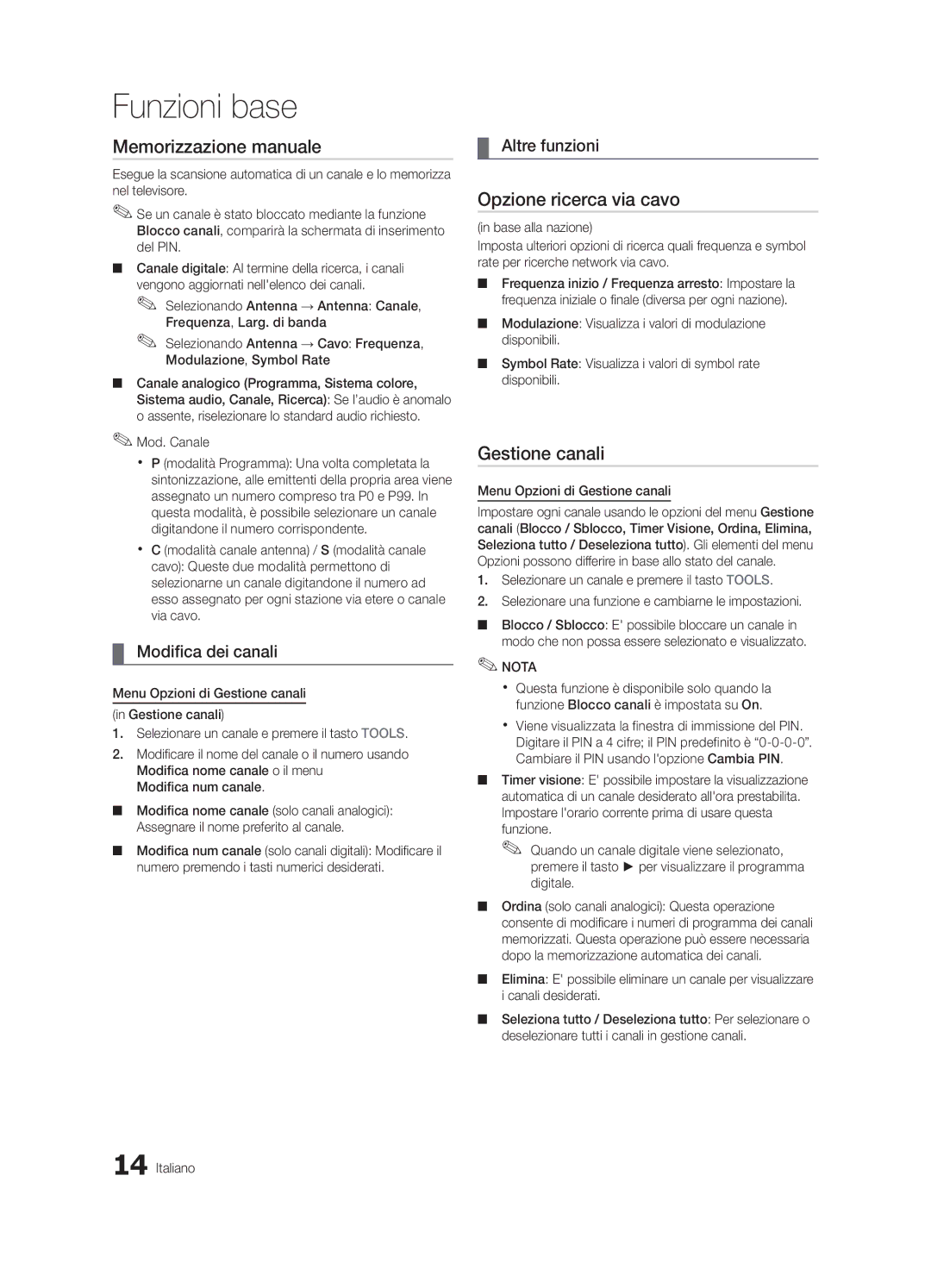 Samsung UE32C6510UPXZT Memorizzazione manuale, Opzione ricerca via cavo, Modifica dei canali, Altre funzioni 