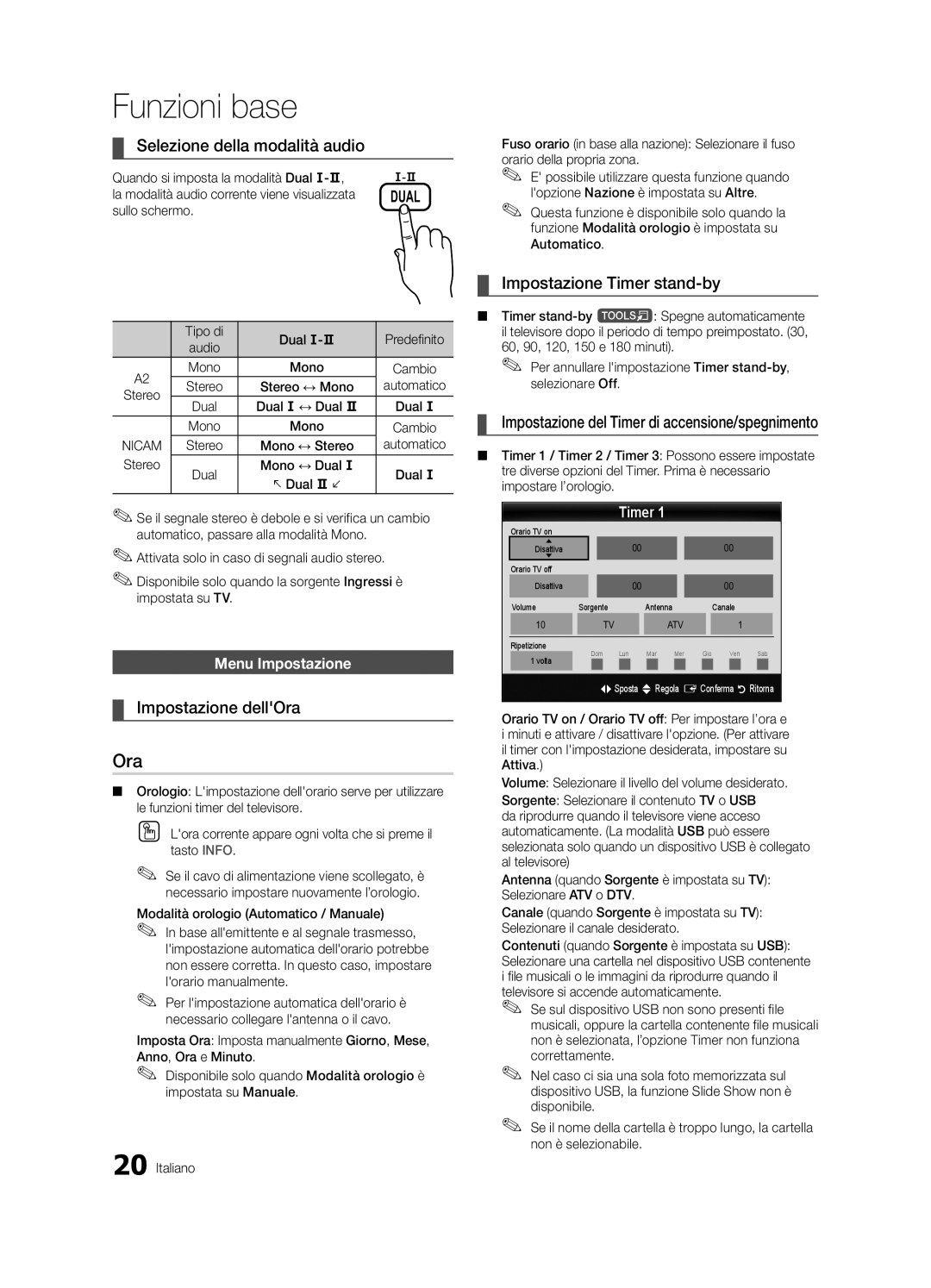Samsung UE37C6500UPXZT manual Selezione della modalità audio, Impostazione dellOra, Impostazione Timer stand-by 