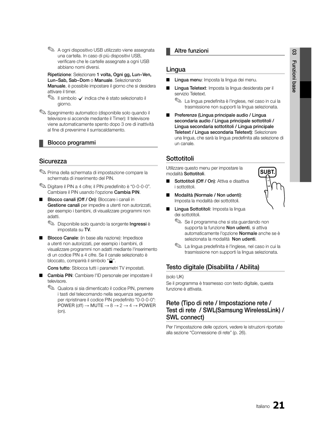 Samsung UE32C6510UPXZT, UE46C6500UPXZT, UE37C6500UPXZT manual Lingua, Sicurezza, Sottotitoli, Blocco programmi Altre funzioni 