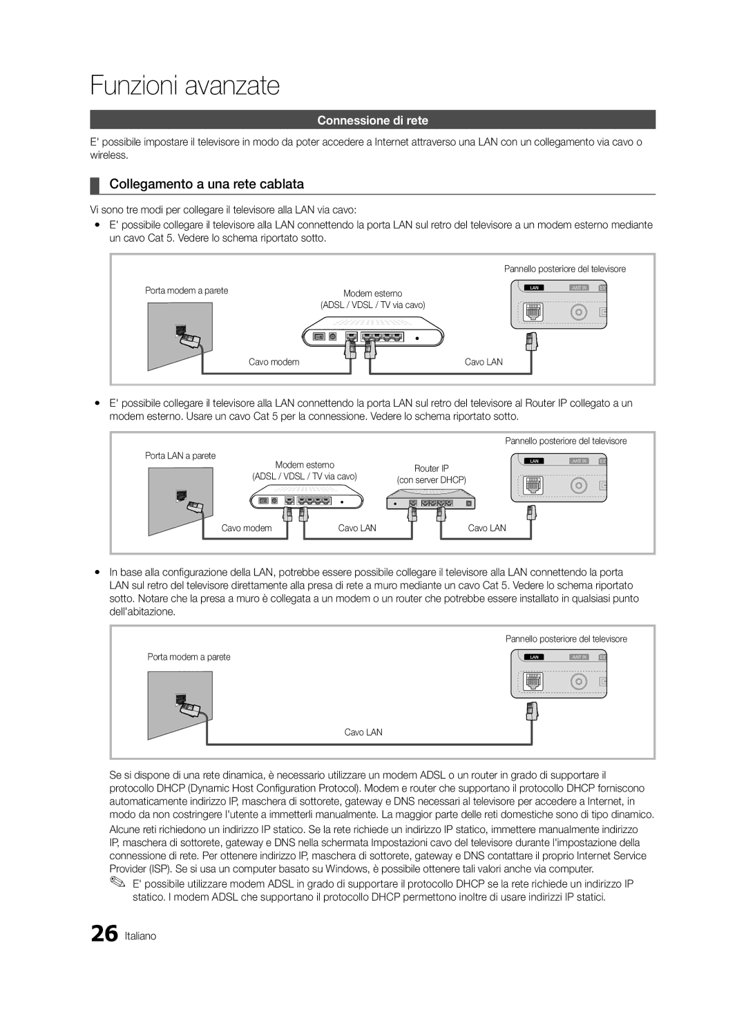 Samsung UE46C6500UPXZT Collegamento a una rete cablata, Connessione di rete, Porta modem a parete, Cavo modem Cavo LAN 