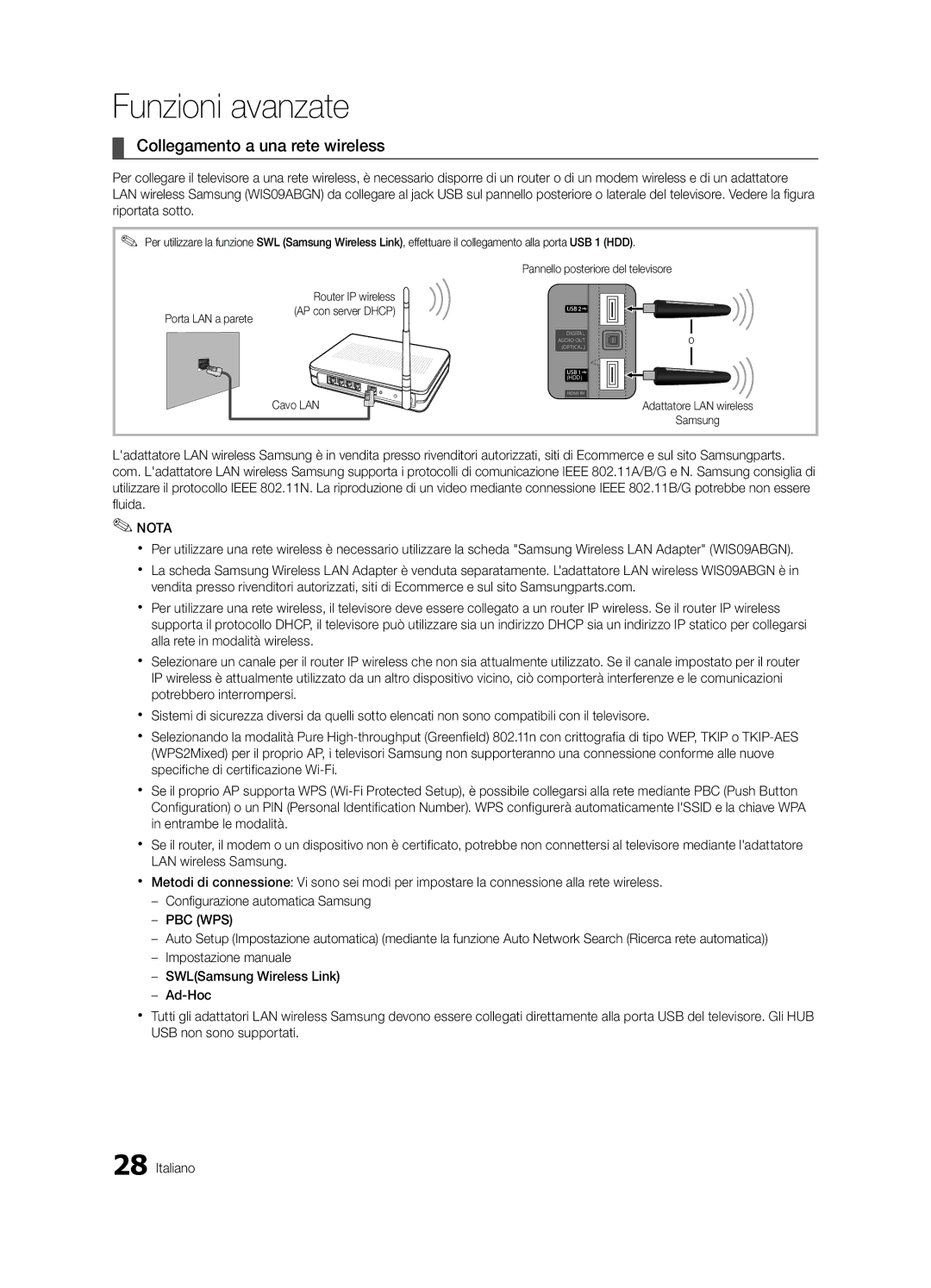 Samsung UE32C6510UPXZT, UE46C6500UPXZT, UE37C6500UPXZT, UE40C6500UPXZT, UE32C6500UPXZT manual Collegamento a una rete wireless 