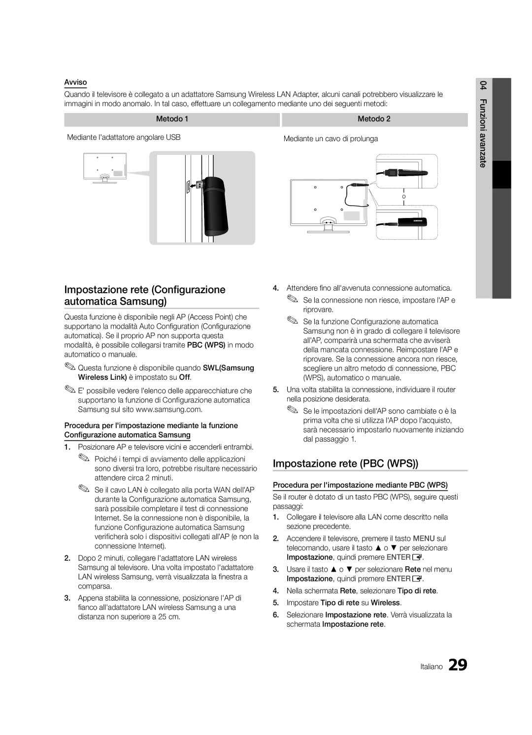 Samsung UE40C6500UPXZT Impostazione rete Configurazione automatica Samsung, Impostazione rete PBC WPS, Avviso, Riprovare 