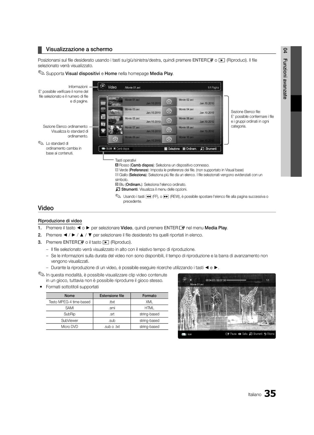 Samsung UE32C6510UPXZT manual Video, Visualizzazione a schermo, Yy Formati sottotitoli supportati, Estensione file 