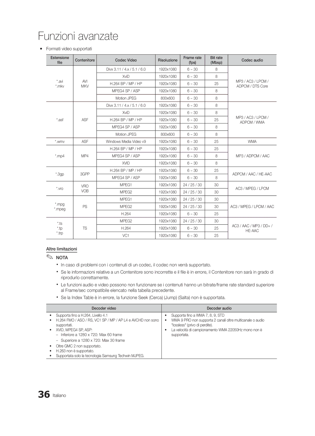 Samsung UE40C6500UPXZT manual Yy Formati video supportati, Mbsp, WMA 9 PRO non supporta 2 canali oltre multicanale o audio 