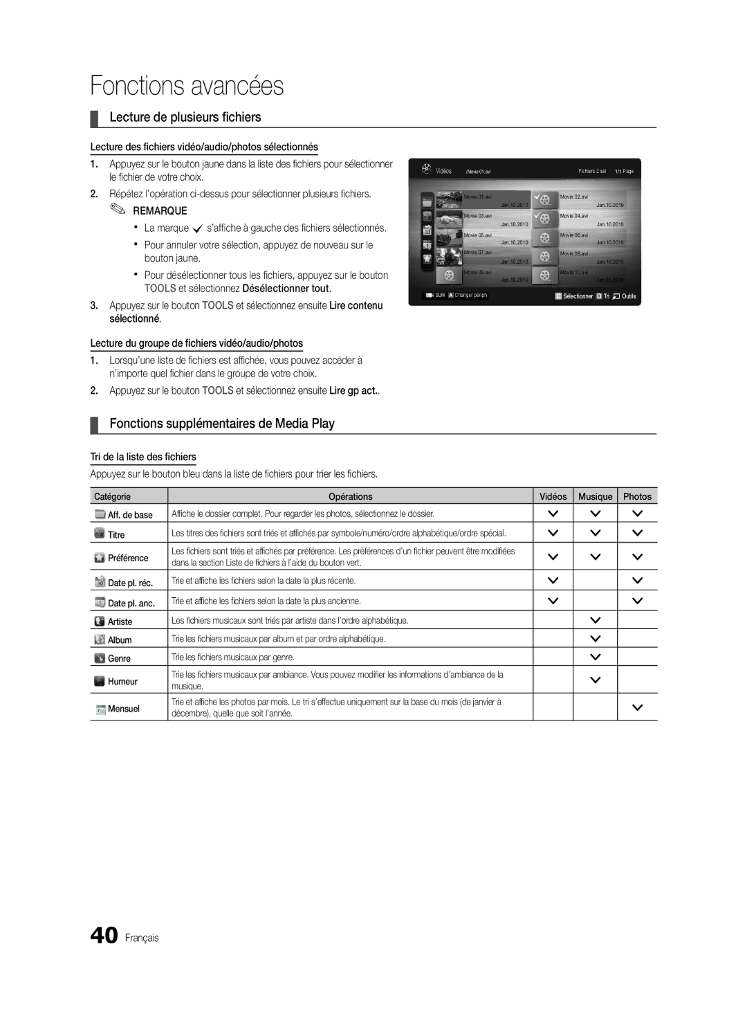 Samsung UE46C6730USXZF, UE46C6740SSXXN manual Lecture de plusieurs fichiers, Fonctions supplémentaires de Media Play 