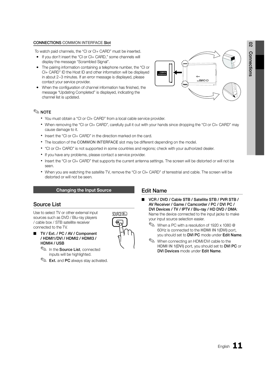 Samsung UE40C6730USXZG manual Source List, Edit Name, Changing the Input Source, Use to select TV or other external input 