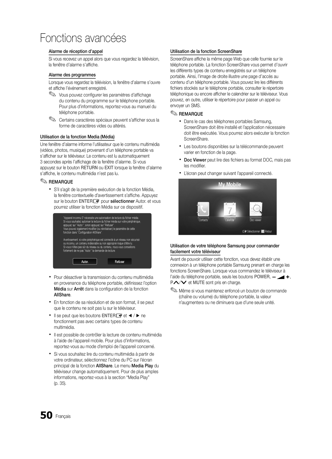 Samsung UE37C6735USXXE, UE46C6740SSXXN, UE46C6700USXXN Alarme de réception d’appel, Utilisation de la fonction Media Média 