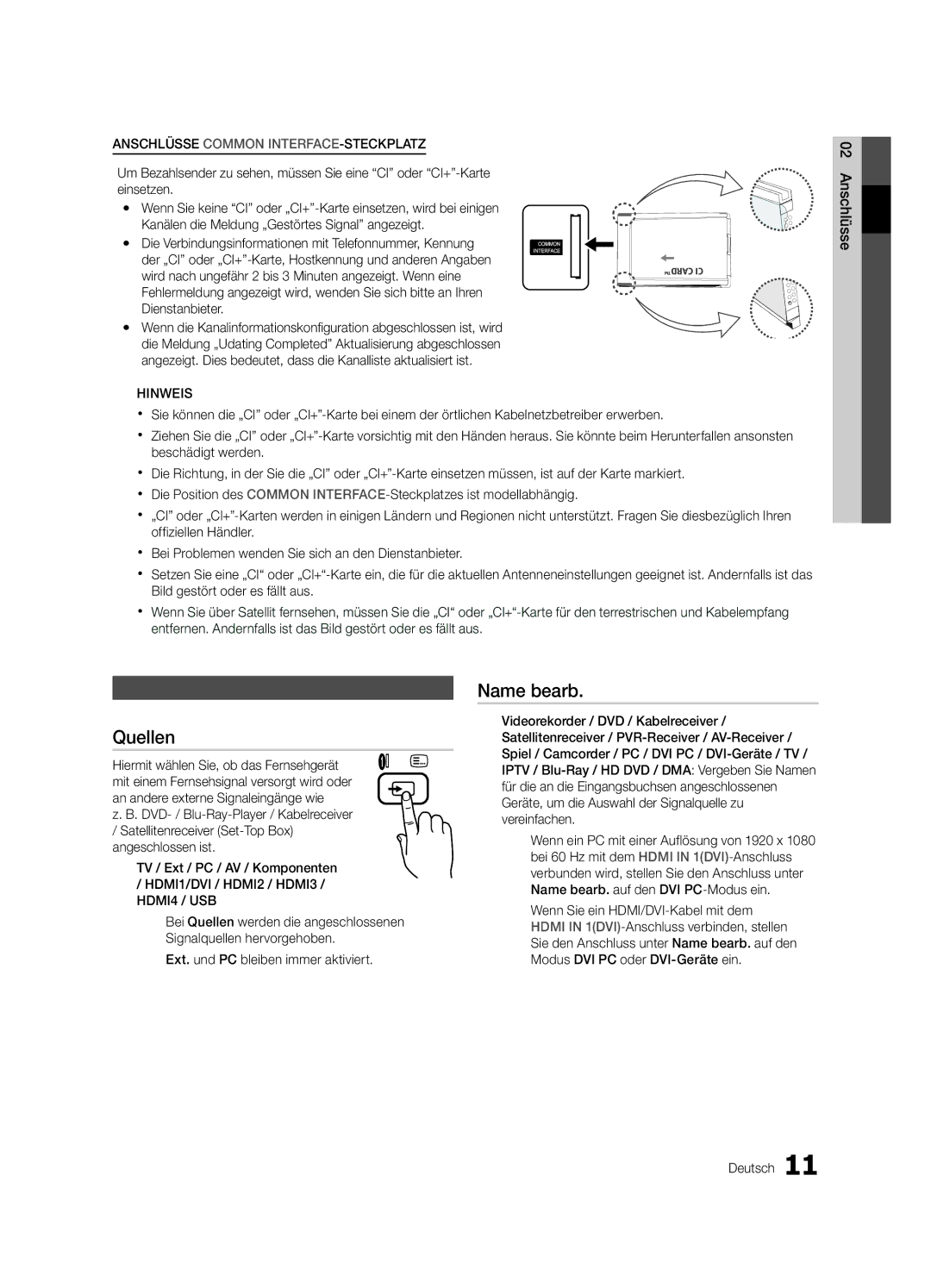 Samsung UE40C6730USXZG, UE46C6740SSXXN, UE46C6700USXXN, UE40C6710USXXN manual Quellen, Name bearb, Signalquellen wählen 