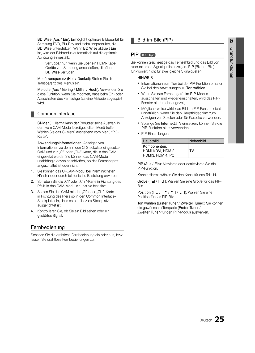 Samsung UE46C6710USXZG, UE46C6740SSXXN, UE46C6700USXXN, UE40C6710USXXN, UE37C6730USXZG manual Fernbedienung, Bild-im-Bild PIP 