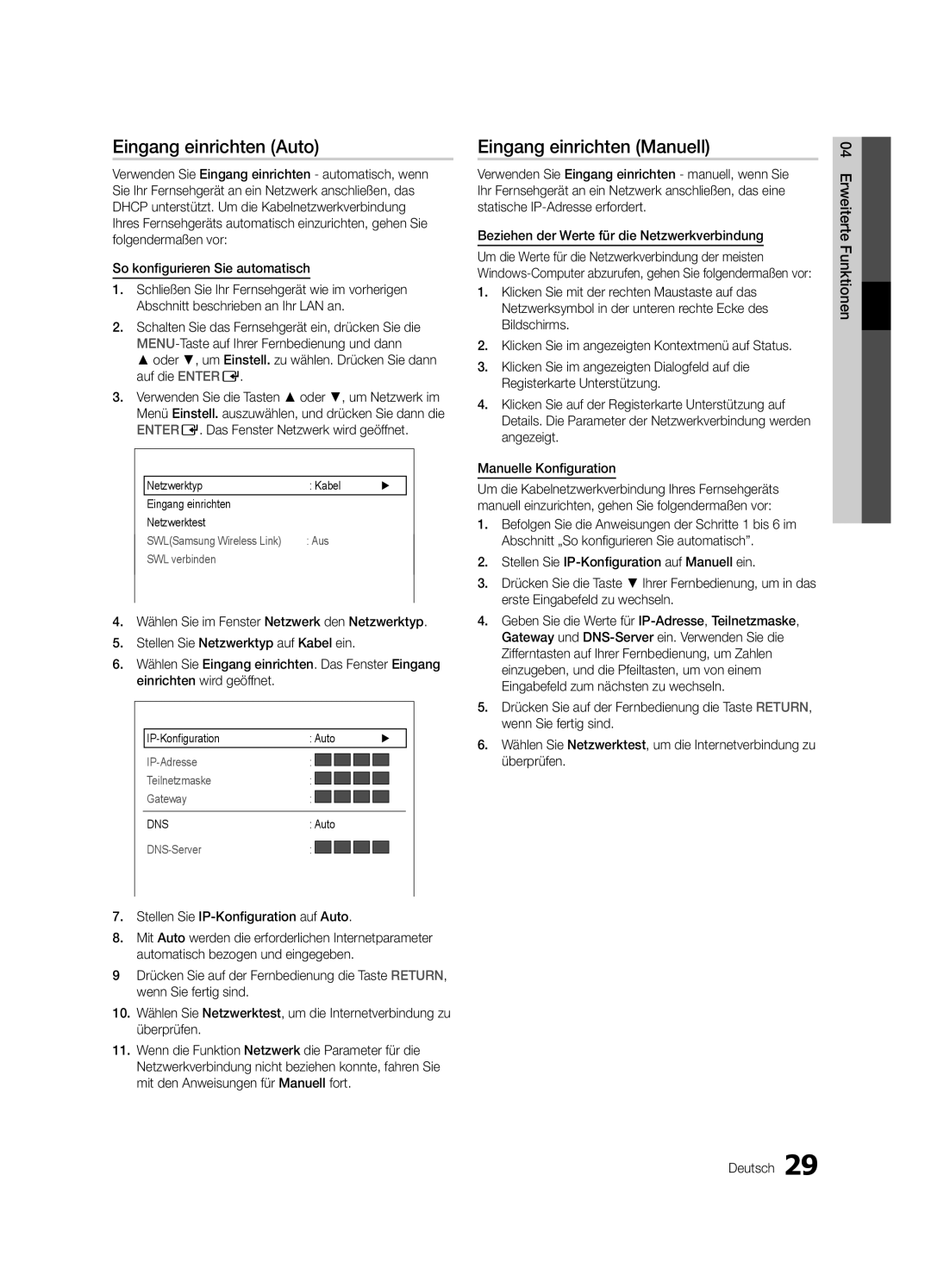 Samsung UE55C6700USXZF, UE46C6740SSXXN, UE46C6700USXXN manual Eingang einrichten Auto, Eingang einrichten Manuell, Netzwerk 