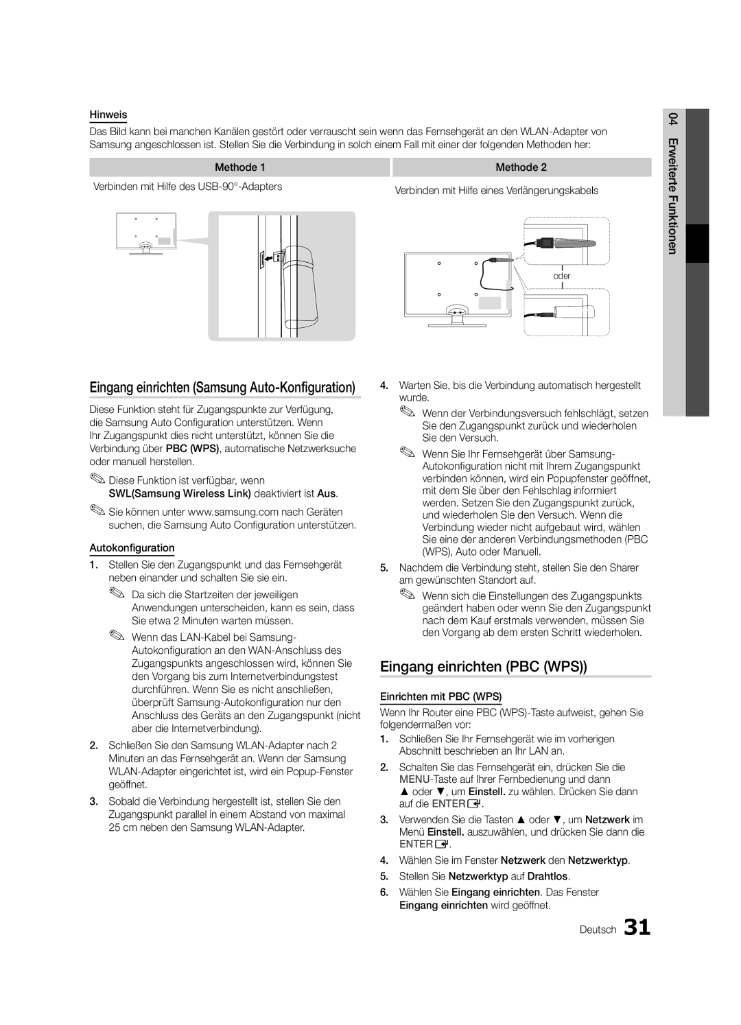 Samsung UE32C6740SSXZF, UE46C6740SSXXN manual Eingang einrichten PBC WPS, Eingang einrichten Samsung Auto-Konfiguration 