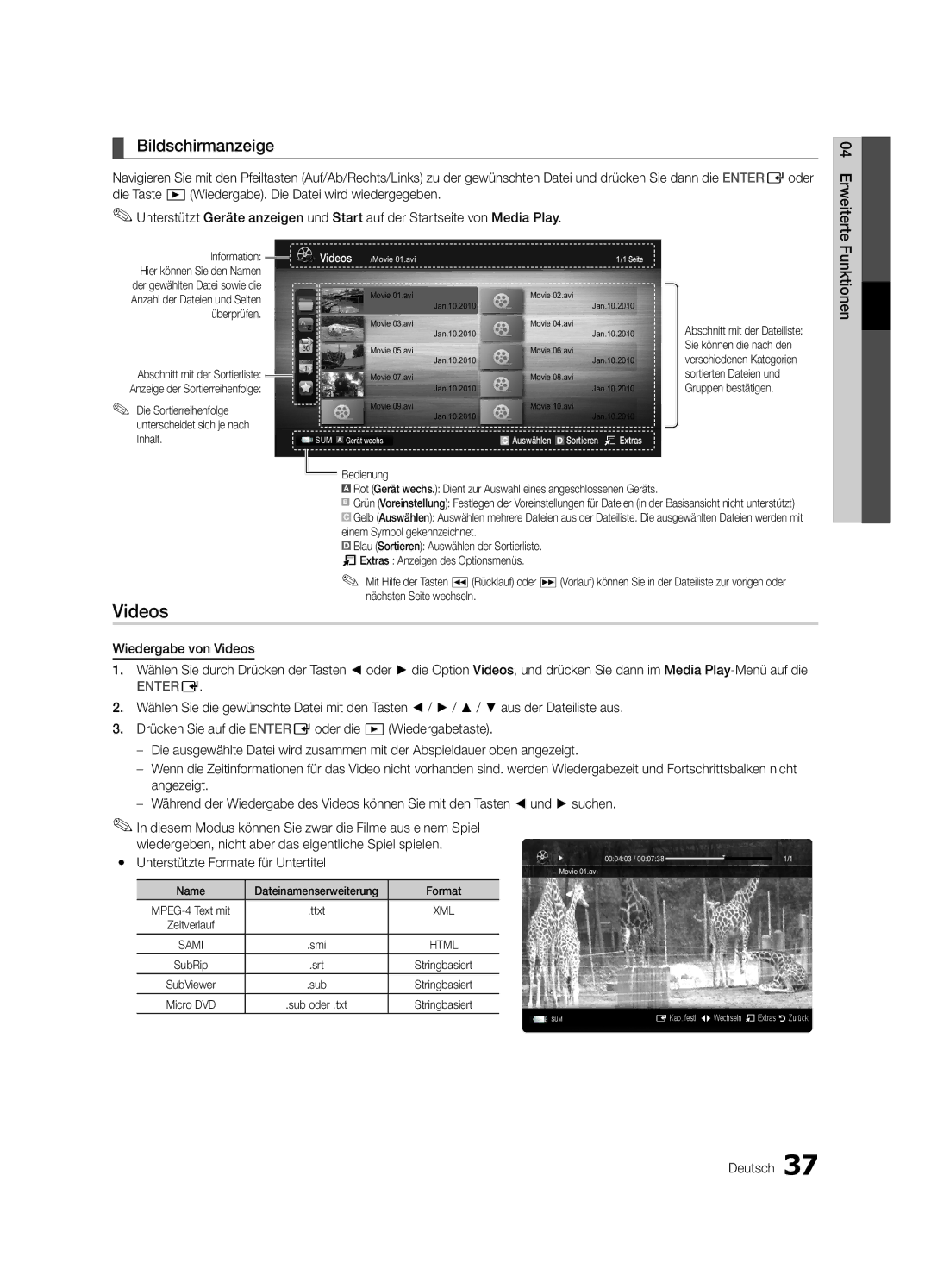 Samsung UE37C6700USXZF, UE46C6740SSXXN manual Bildschirmanzeige, Funktionen, Yy Unterstützte Formate für Untertitel 