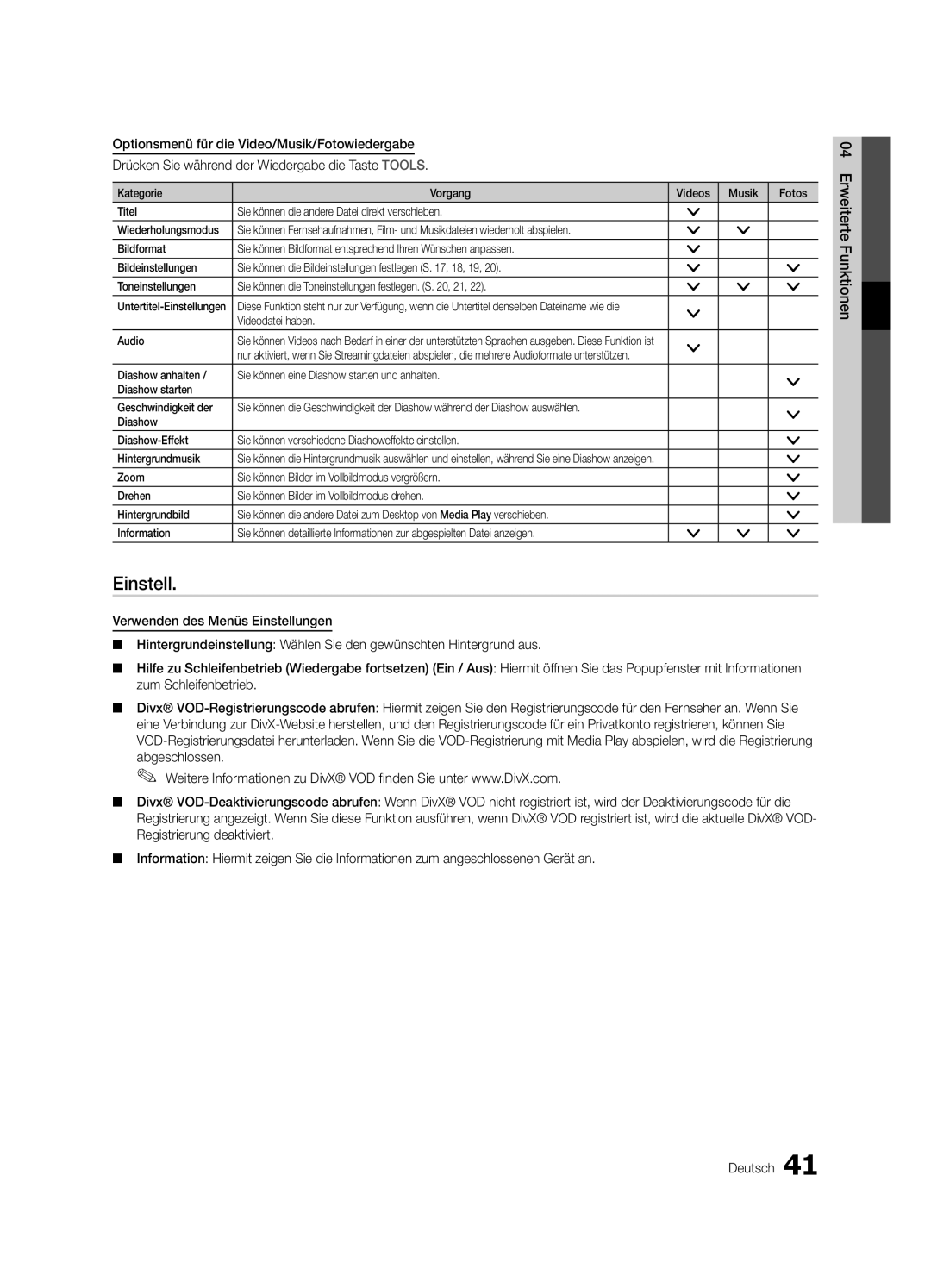 Samsung UE55C6740SSXZF, UE46C6740SSXXN, UE46C6700USXXN, UE40C6710USXXN, UE37C6730USXZG manual Einstell, Videodatei haben Audio 