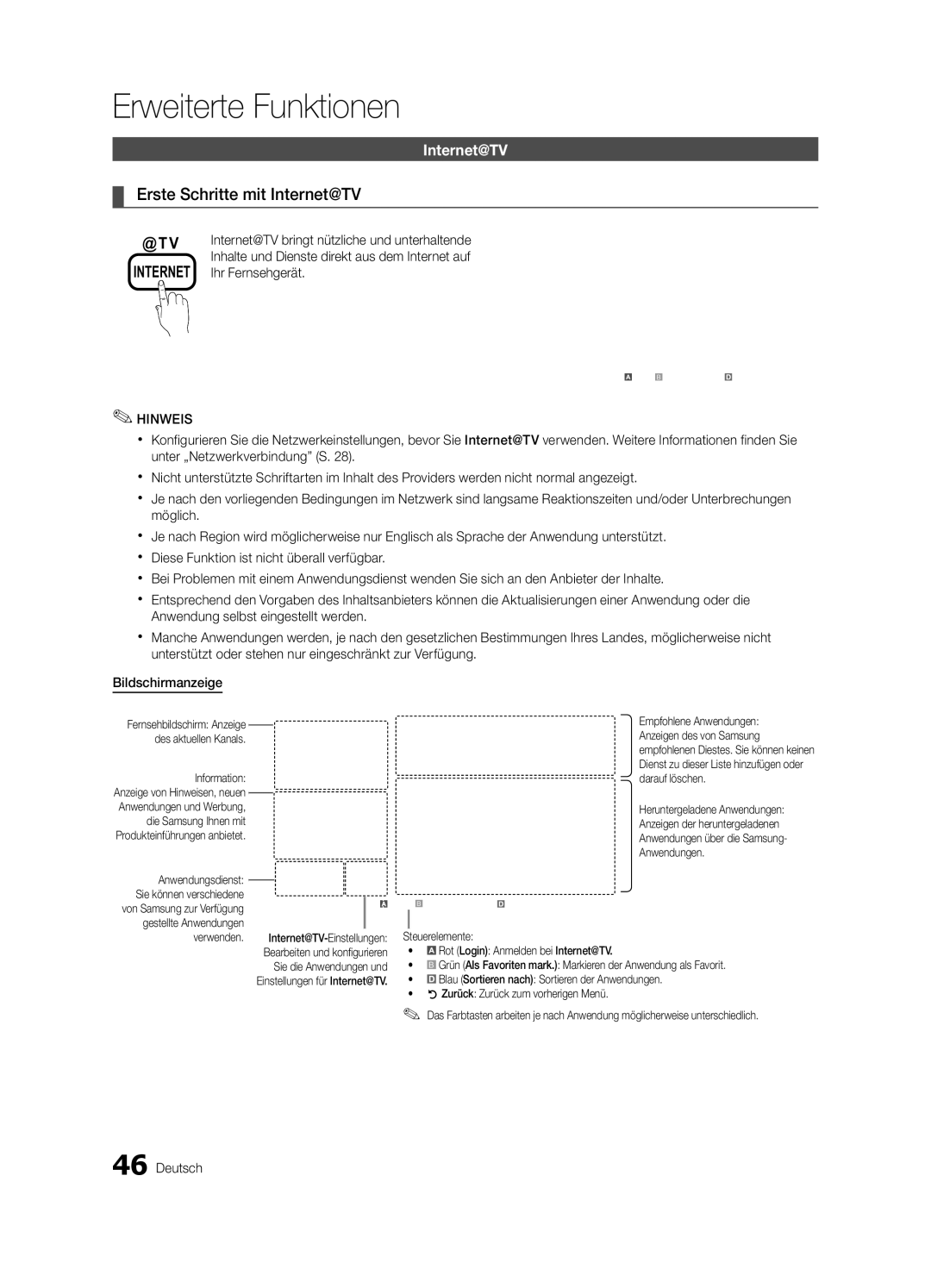 Samsung UE40C6700USXZF, UE46C6740SSXXN, UE46C6700USXXN, UE40C6710USXXN manual Erste Schritte mit Internet@TV, Ihr Fernsehgerät 