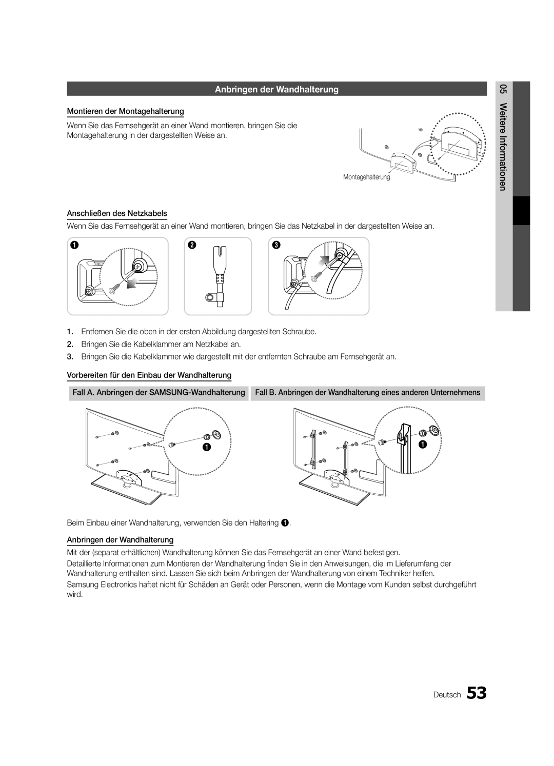 Samsung UE40C6715USXXE, UE46C6740SSXXN, UE46C6700USXXN, UE40C6710USXXN manual Anbringen der Wandhalterung, Montagehalterung 