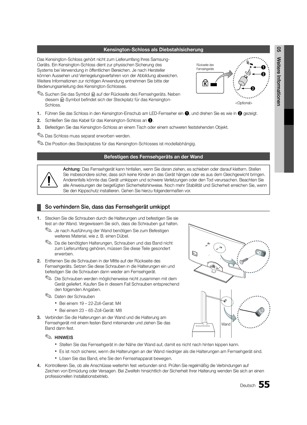 Samsung UE55C6705USXXE manual So verhindern Sie, dass das Fernsehgerät umkippt, Kensington-Schloss als Diebstahlsicherung 