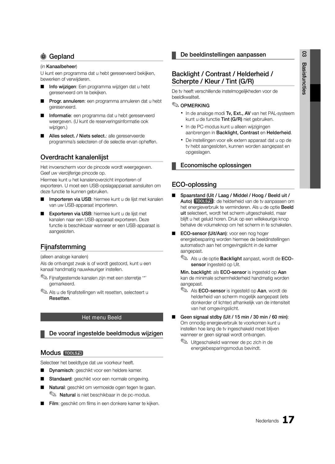 Samsung UE46C6740SSXZG, UE46C6740SSXXN, UE46C6700USXXN manual Gepland, Overdracht kanalenlijst, Fijnafstemming, ECO-oplossing 