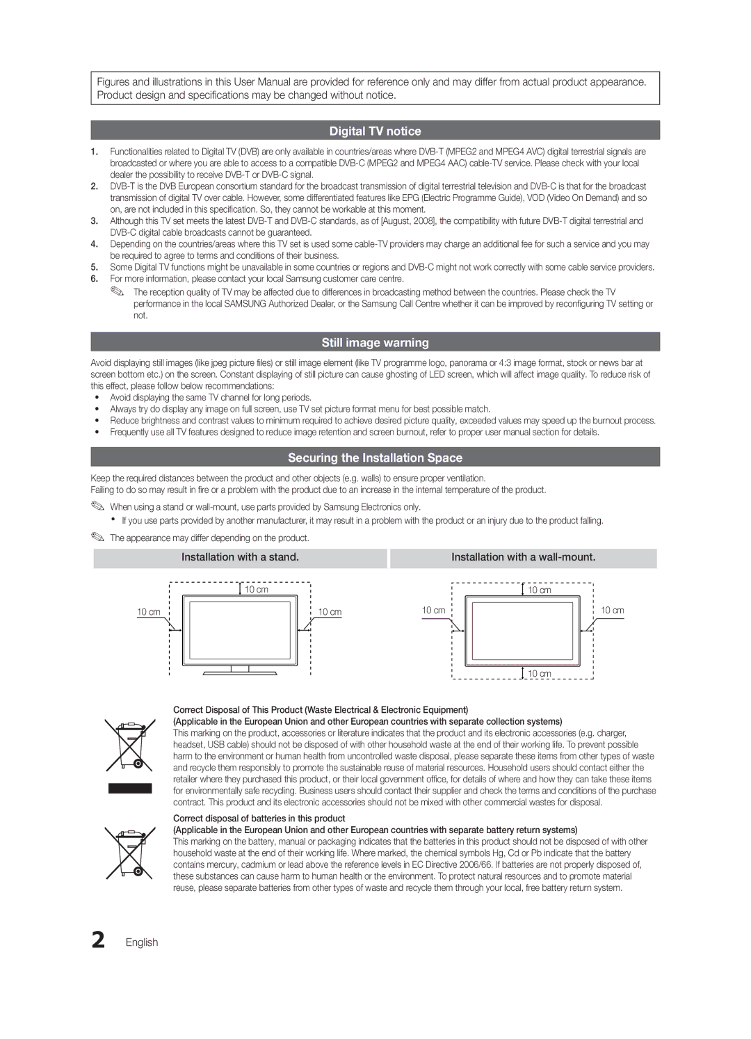 Samsung UE40C6710USXXN, UE46C6740SSXXN, UE46C6700USXXN, UE37C6730USXZG manual Installation with a wall-mount, English, 10 cm 