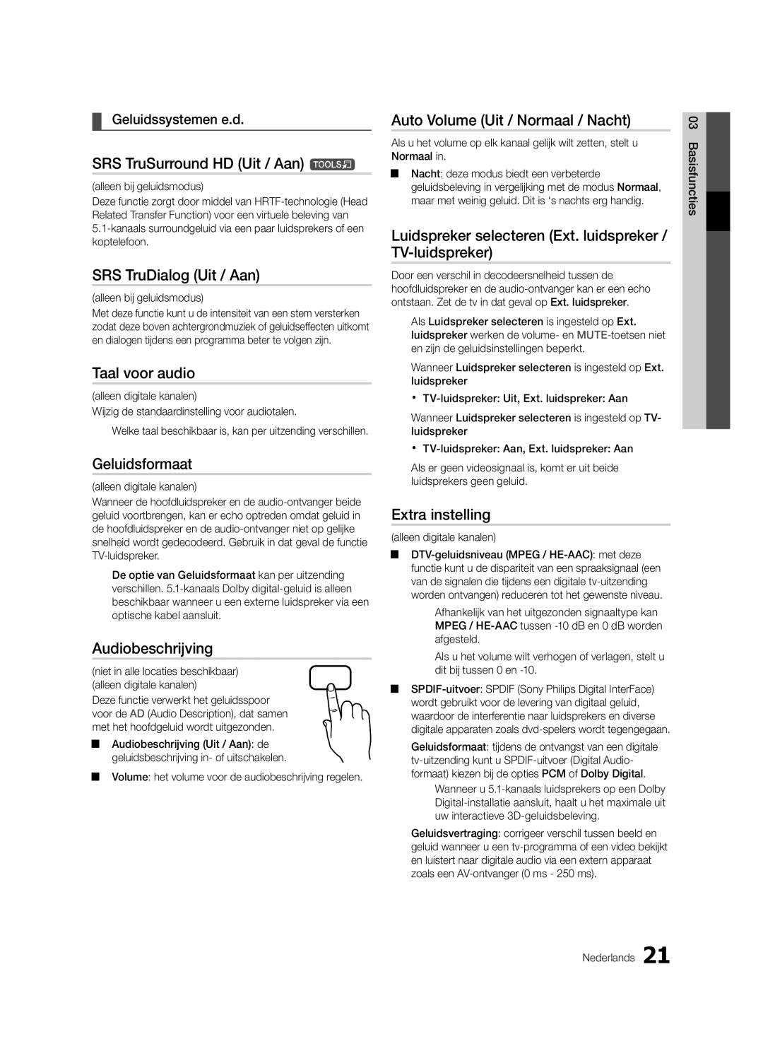 Samsung UE32C6740SSXZG manual SRS TruSurround HD Uit / Aan t, SRS TruDialog Uit / Aan, Taal voor audio, Geluidsformaat 