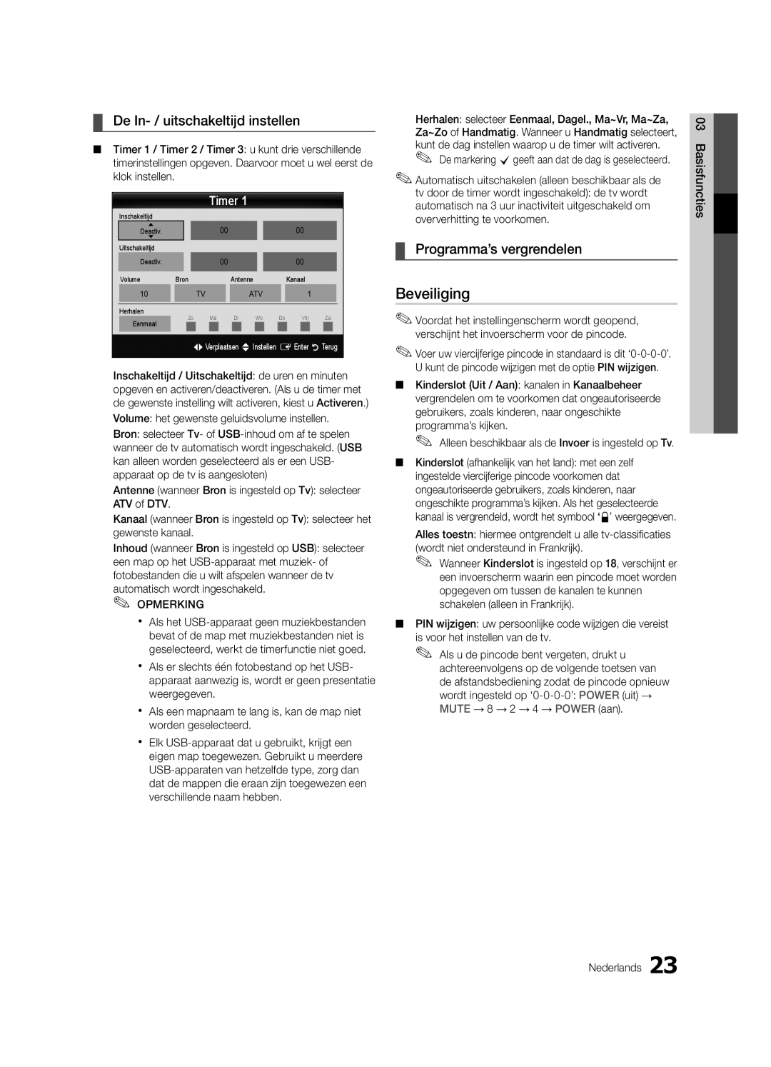 Samsung UE32C6740SSXXN, UE46C6740SSXXN manual Beveiliging, De In- / uitschakeltijd instellen, Programma’s vergrendelen 