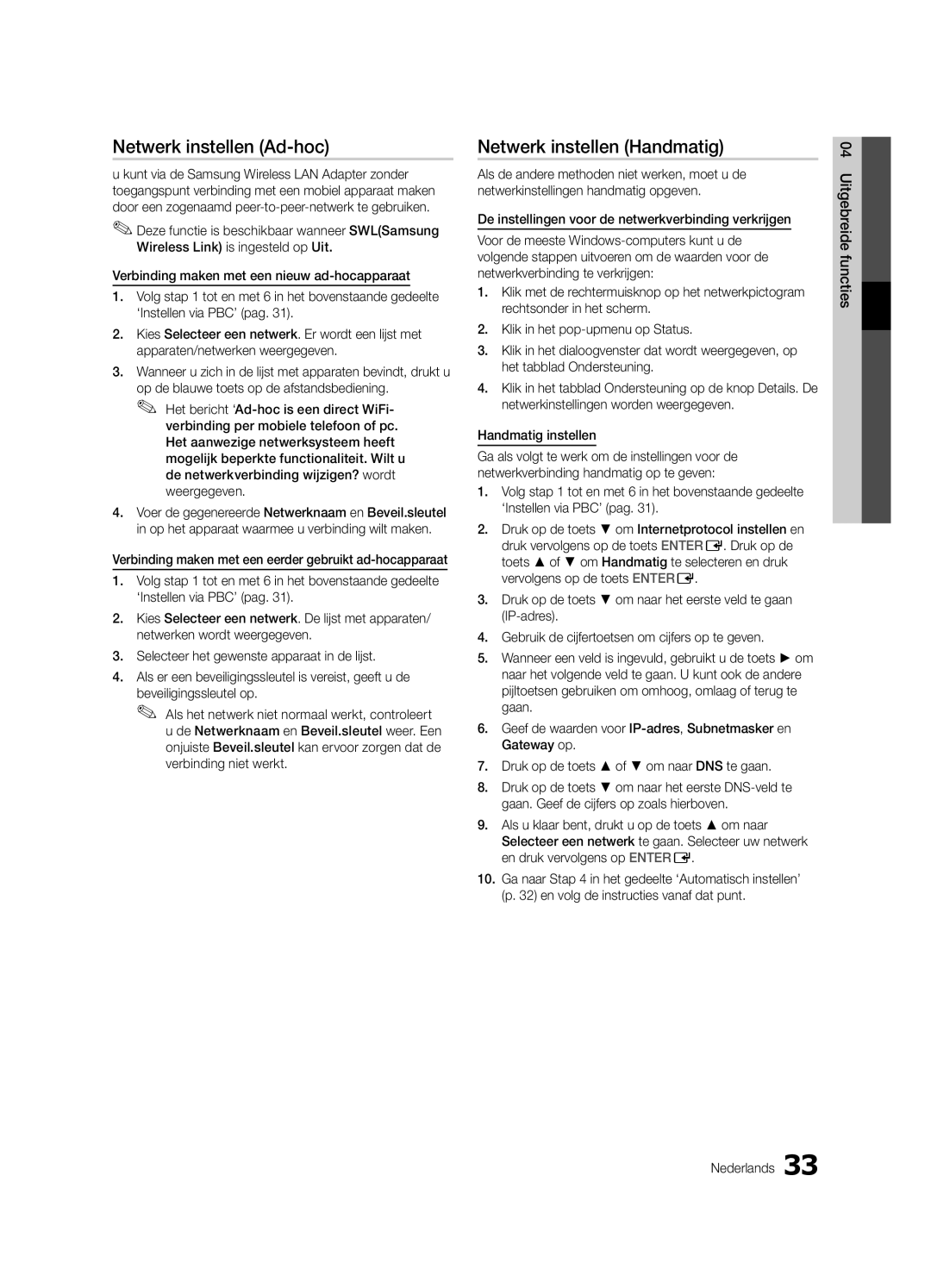 Samsung UE37C6730USXZF, UE46C6740SSXXN, UE46C6700USXXN manual Netwerk instellen Ad-hoc, Uitgebreide functies Nederlands 