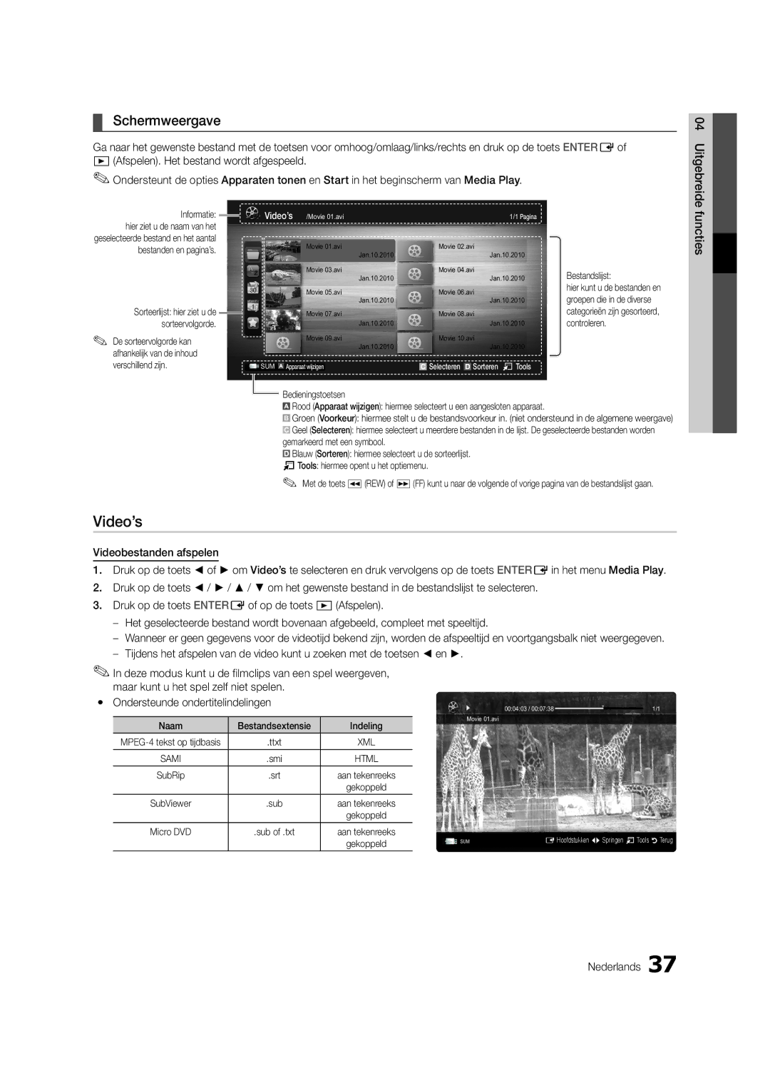 Samsung UE37C6700USXZF, UE46C6740SSXXN, UE46C6700USXXN manual Video’s, Schermweergave, Functies, Informatie, Bestandslijst 