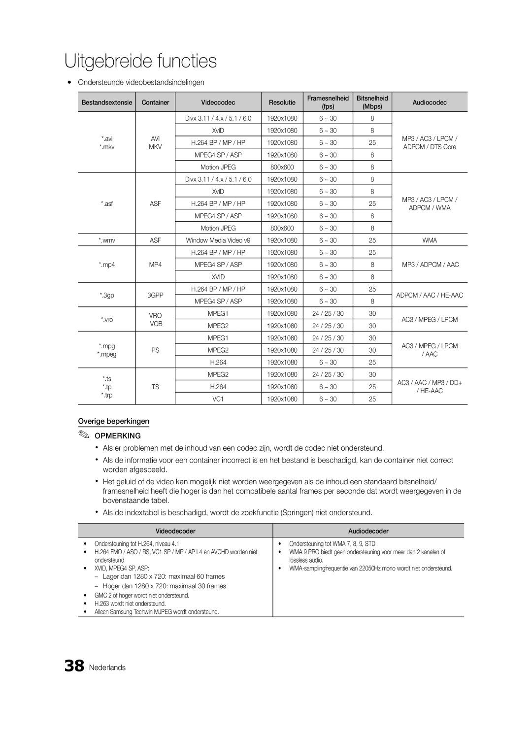 Samsung UE32C6700USXZF manual Yy Ondersteunde videobestandsindelingen, Overige beperkingen, Ondersteund Lossless audio 