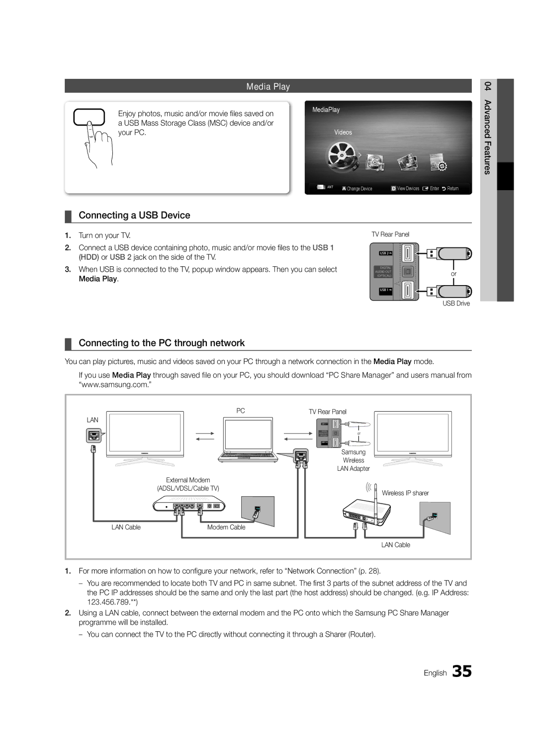 Samsung UE40C6710USXZF, UE46C6740SSXXN Connecting a USB Device, Connecting to the PC through network, Media Play, Your PC 