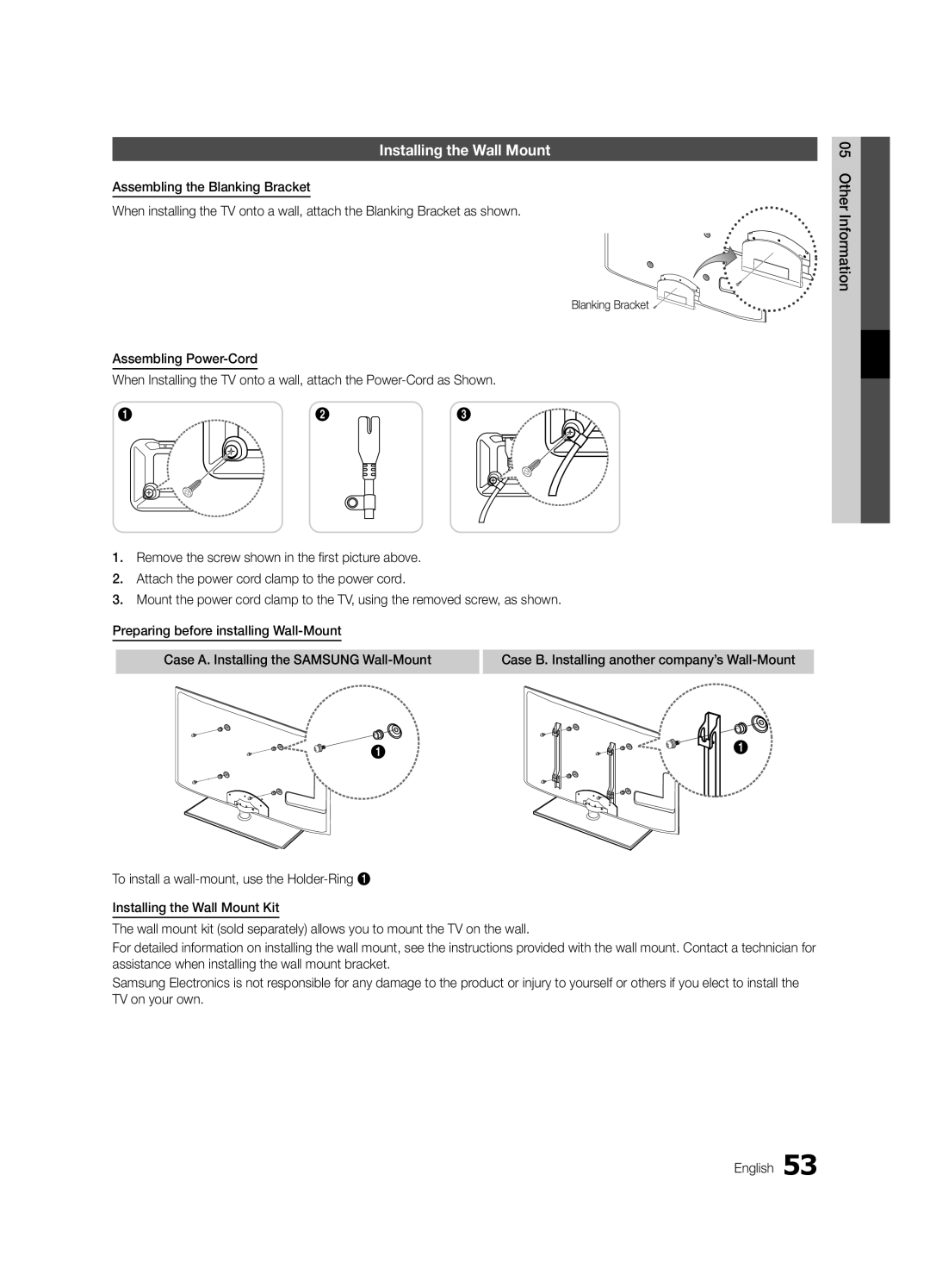 Samsung UE40C6715USXXE, UE46C6740SSXXN, UE46C6700USXXN, UE40C6710USXXN manual Installing the Wall Mount, Blanking Bracket 