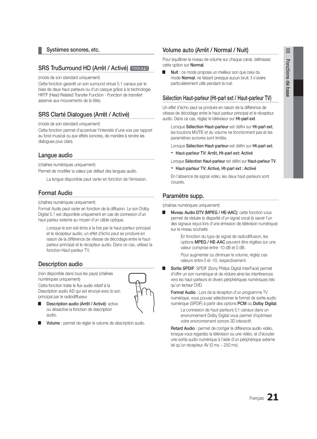 Samsung UE32C6740SSXZG manual SRS TruSurround HD Arrêt / Activé t, SRS Clarté Dialogues Arrêt / Activé, Langue audio 