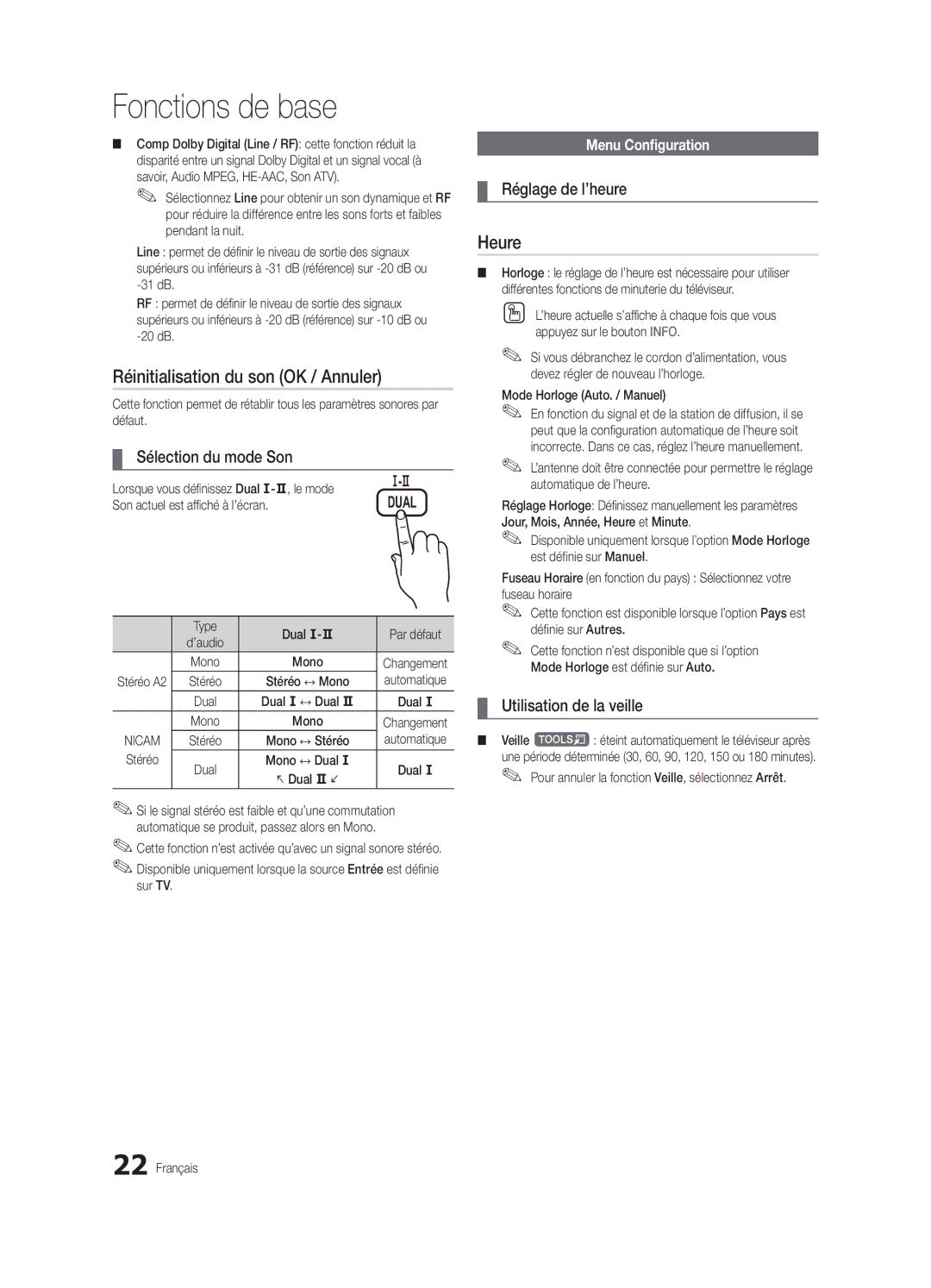 Samsung UE40C6710USXZG manual Réinitialisation du son OK / Annuler, Heure, Sélection du mode Son, Réglage de l’heure 