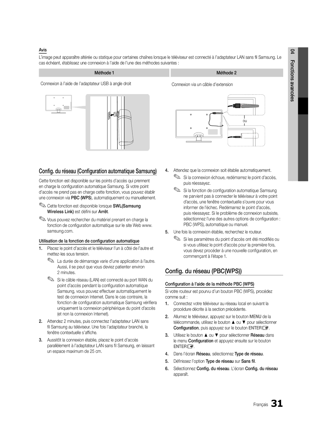 Samsung UE32C6740SSXZF, UE46C6740SSXXN, UE46C6700USXXN, UE40C6710USXXN, UE37C6730USXZG manual Config. du réseau Pbcwps 