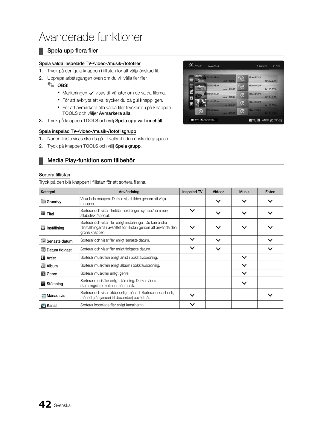 Samsung UE37C6825USXXE, UE46C6820USXZG, UE46C6800USXZG manual Spela upp flera filer, Media Play-funktion som tillbehör 