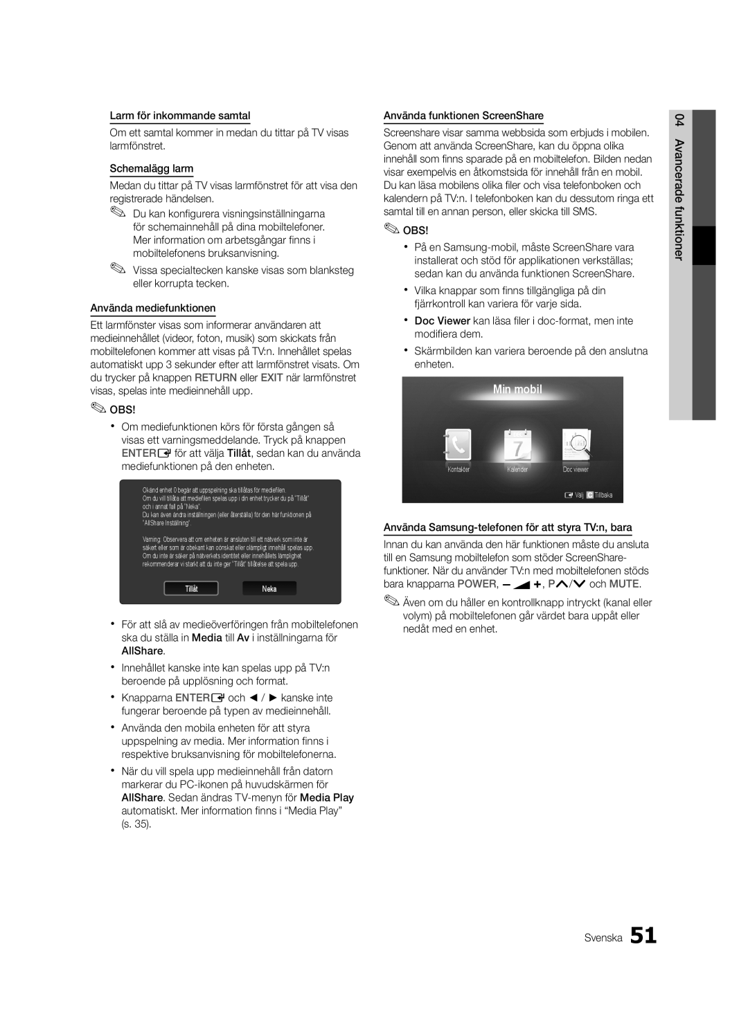 Samsung UE40C6805USXXE, UE46C6820USXZG, UE46C6800USXZG manual Min mobil, Använda Samsung-telefonen för att styra TVn, bara 