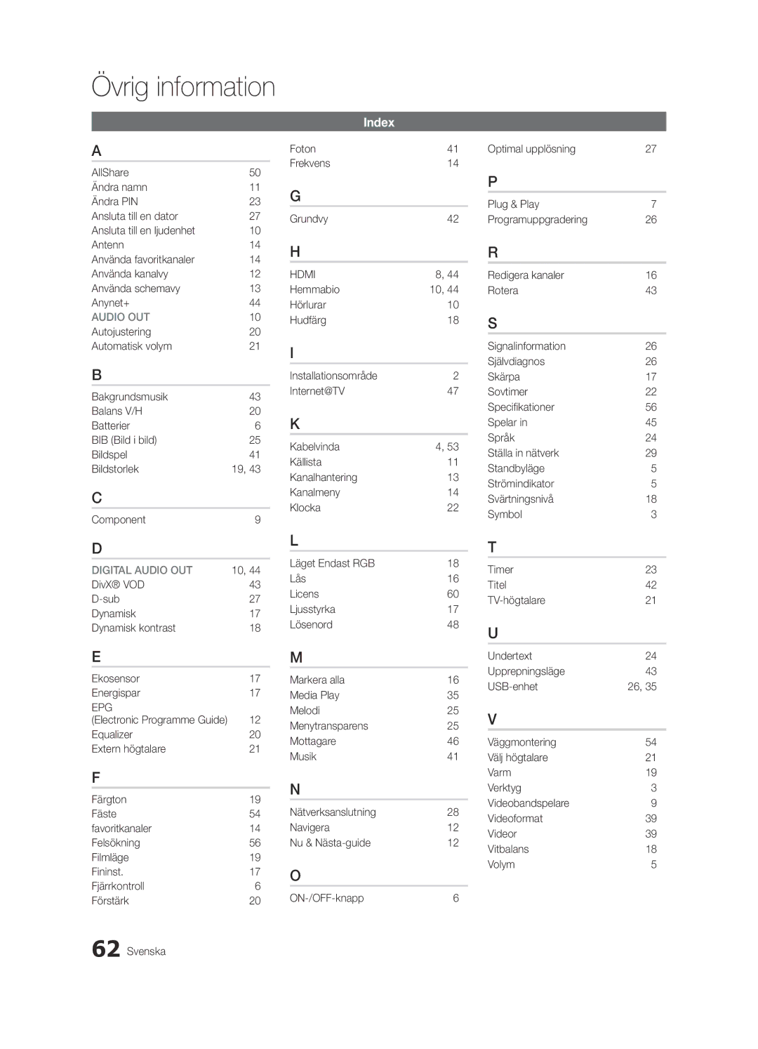 Samsung UE46C6805USXXE, UE46C6820USXZG, UE46C6800USXZG manual DivX VOD Sub Dynamisk Dynamisk kontrast Ekosensor Energispar 