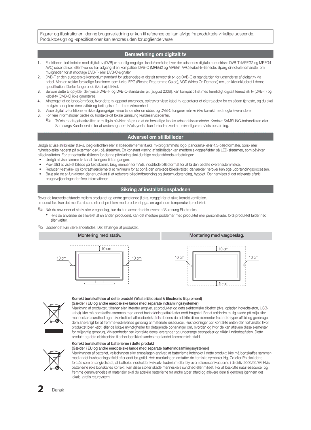 Samsung UE37C6805USXXE, UE46C6820USXZG, UE46C6800USXZG, UE46C6820USXZF, UE32C6825USXXE, UE46C6805USXXE manual Dansk, 10 cm 