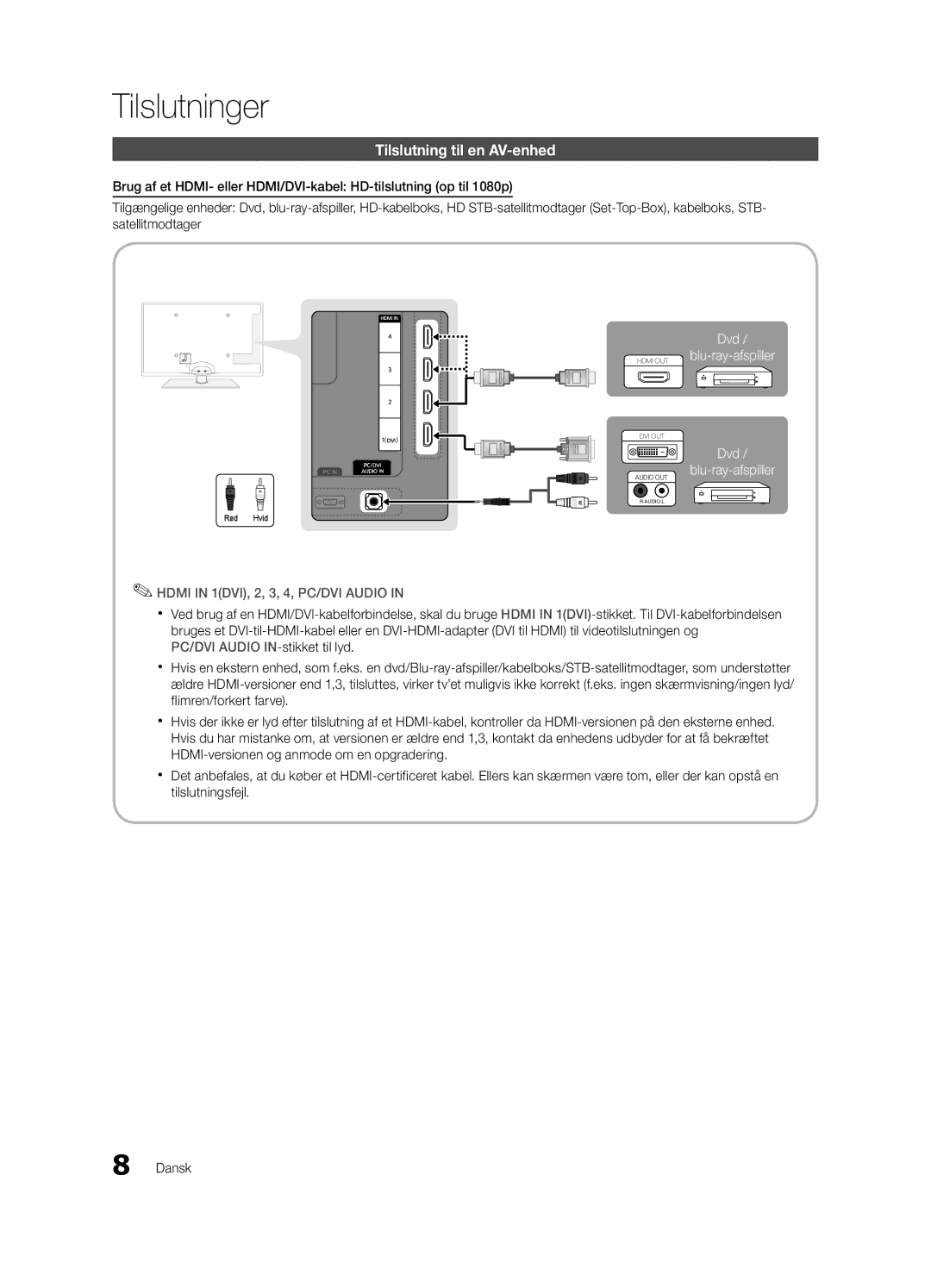 Samsung UE46C6820USXZG, UE46C6800USXZG, UE46C6820USXZF, UE32C6825USXXE manual Tilslutninger, Tilslutning til en AV-enhed 