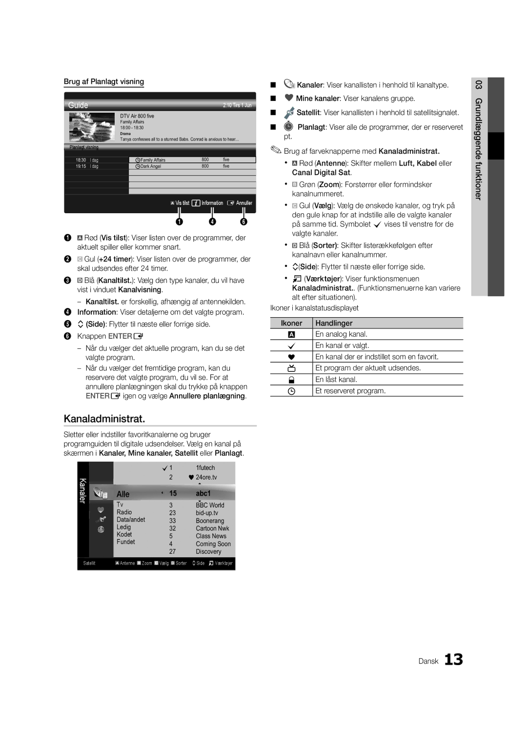 Samsung UE40C6805USXXE manual Kanaladministrat, Brug af Planlagt visning, Radio Bid-up.tv Data/andet Boonerang Ledig 