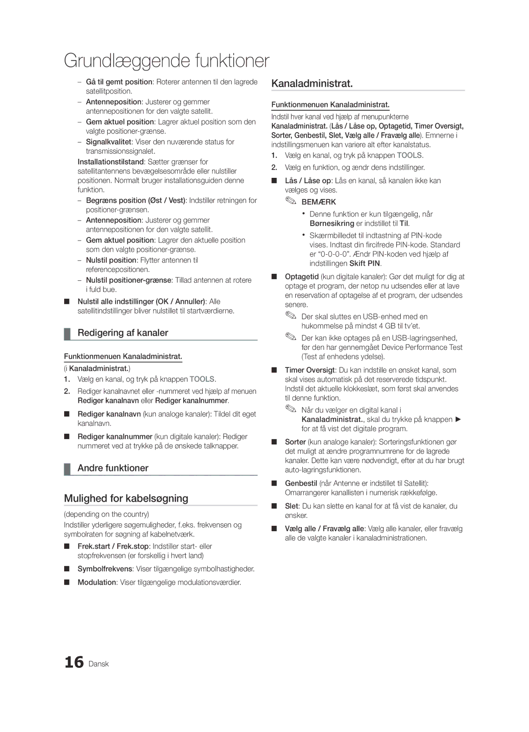 Samsung UE37C6825USXXE manual Mulighed for kabelsøgning, Redigering af kanaler, Andre funktioner, Satellitposition 