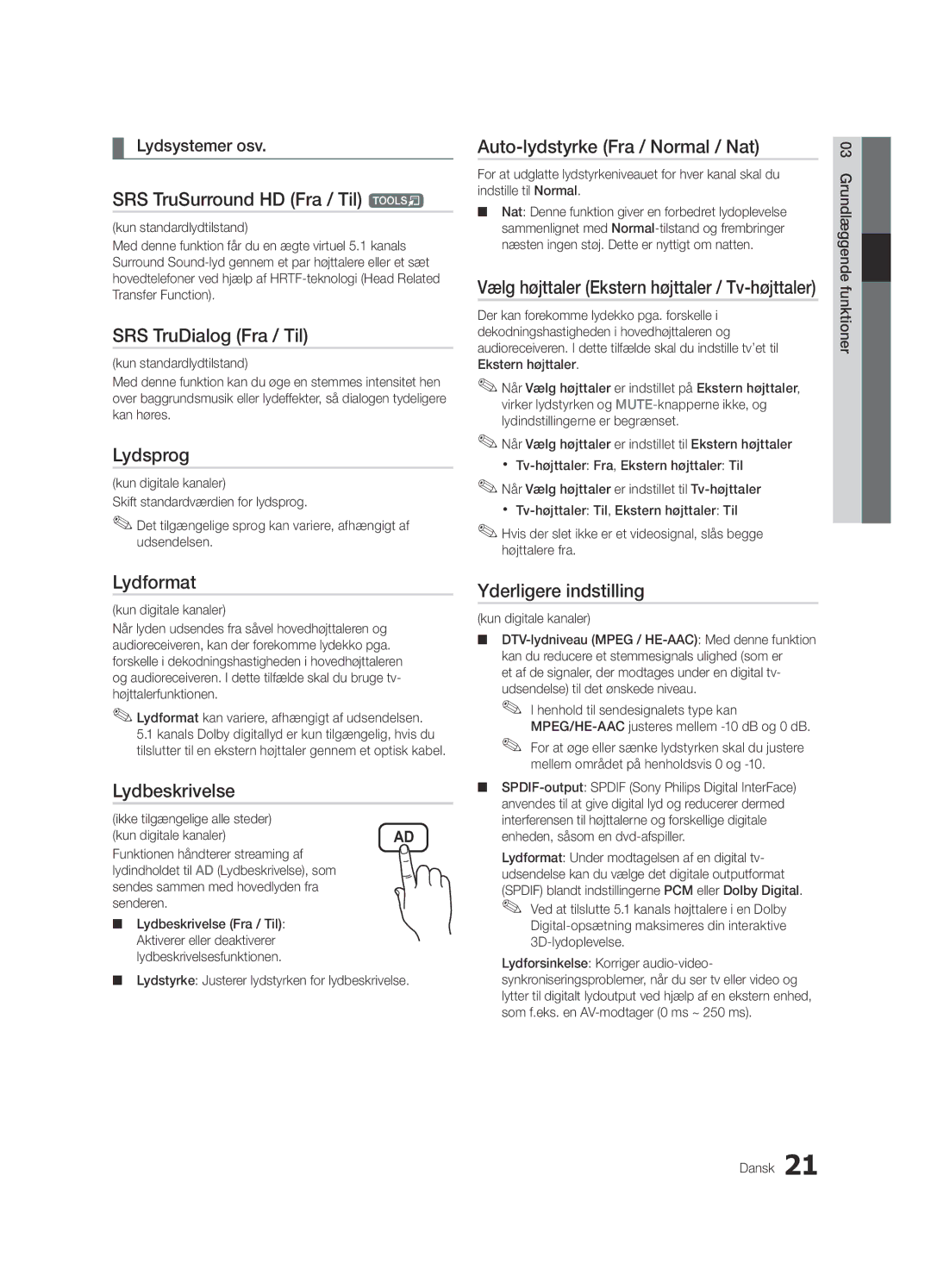 Samsung UE46C6800USXZG manual SRS TruSurround HD Fra / Til t, SRS TruDialog Fra / Til, Lydsprog, Lydformat, Lydbeskrivelse 