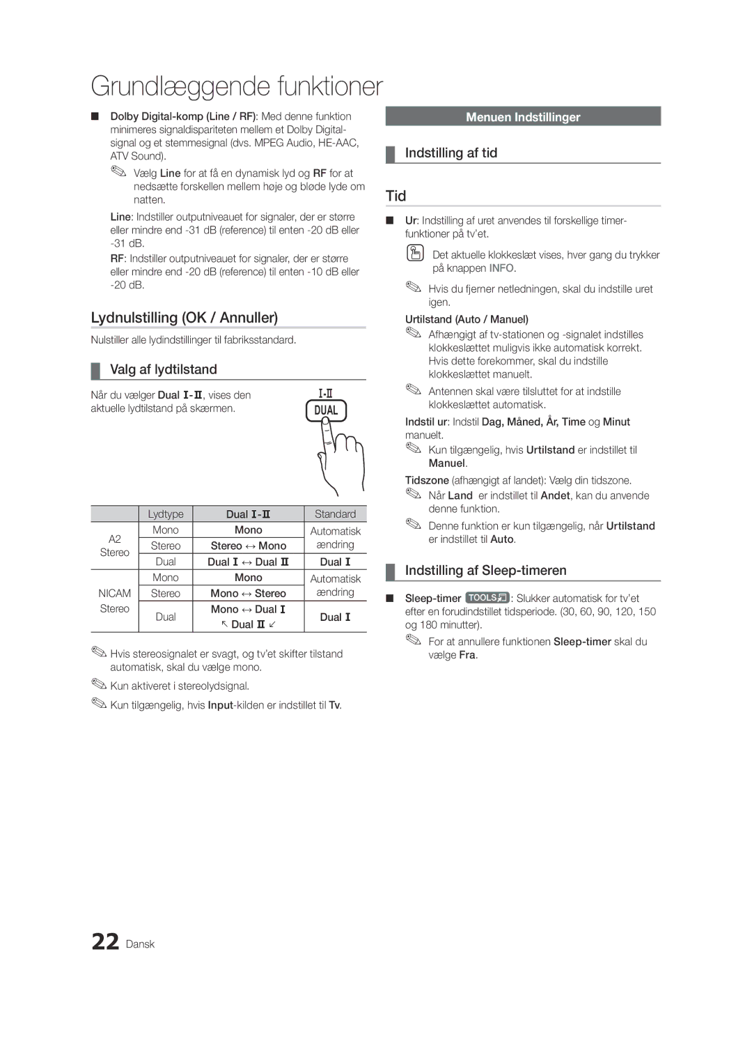 Samsung UE46C6820USXZF, UE46C6820USXZG manual Lydnulstilling OK / Annuller, Indstilling af tid, Indstilling af Sleep-timeren 