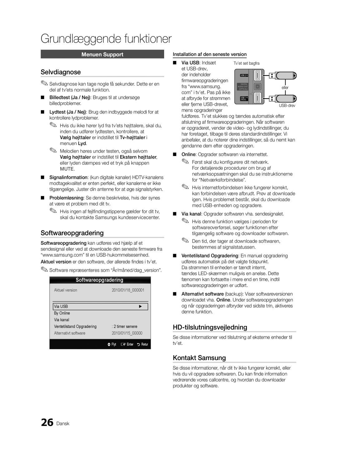 Samsung UE37C6805USXXE, UE46C6820USXZG manual Selvdiagnose, Softwareopgradering, HD-tilslutningsvejledning, Kontakt Samsung 