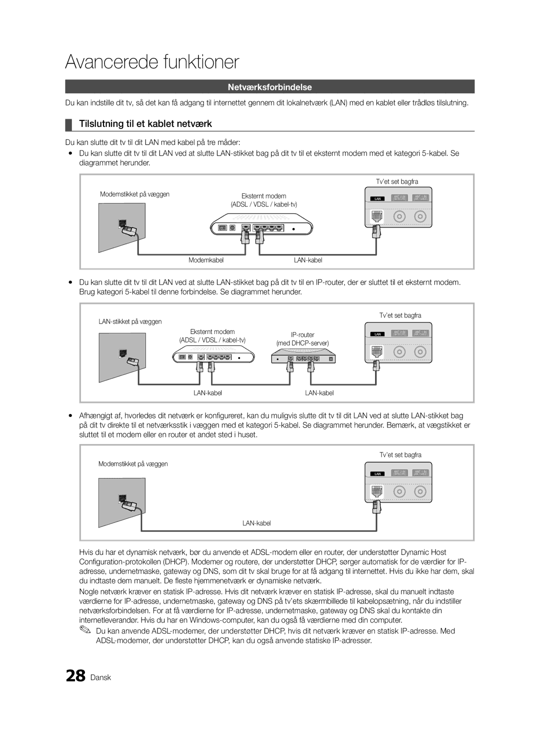 Samsung UE37C6825USXXE, UE46C6820USXZG, UE46C6800USXZG manual Tilslutning til et kablet netværk, Netværksforbindelse 