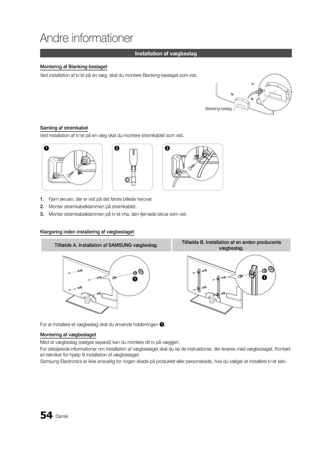 Samsung UE32C6805USXXE, UE46C6820USXZG, UE46C6800USXZG, UE46C6820USXZF manual Installation af vægbeslag, Blanking-beslag 